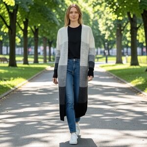 Cocogio Made In Italy Wool Mohair Long Cardigan Size M Gray Black & Off White